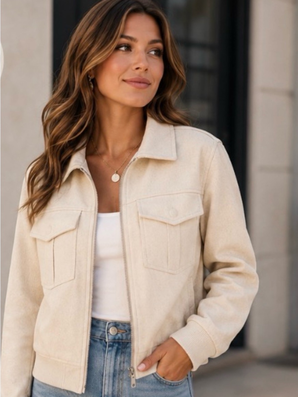 Women's Cream Casual Bomber Jacket with Zip